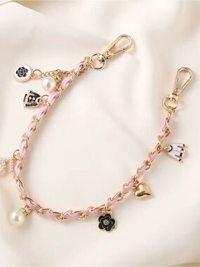Gold & Pink #5 Charm Phone Chain with Pearls and Floral Accents